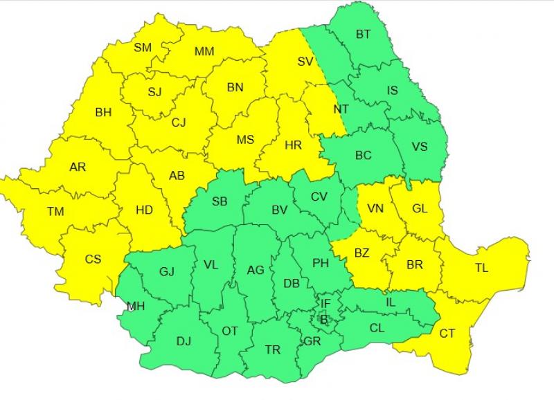 Harta județelor afectate de codul galben de vreme severă Harta județelor afectate de codul galben de vreme severă