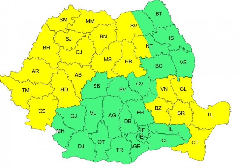 Harta județelor afectate de codul galben de vreme severă Harta județelor afectate de codul galben de vreme severă