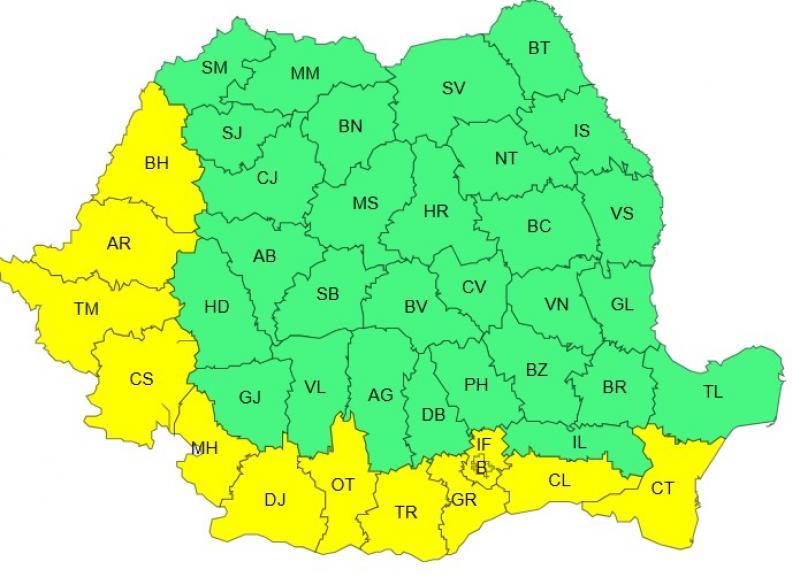 Harta județelor afectate de codul galben de vreme severă Harta județelor afectate de codul galben de vreme severă