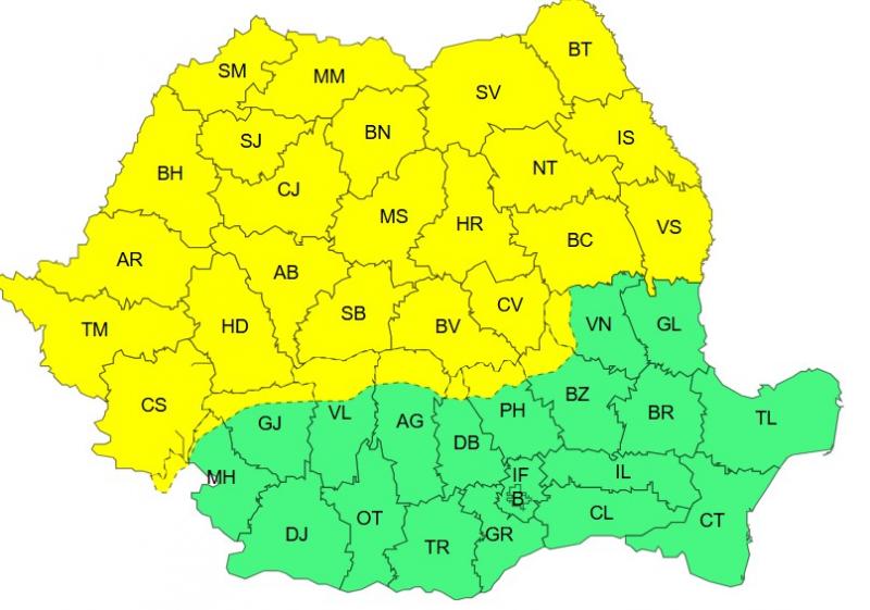Harta județelor afectate de codul galben de vreme severă Harta județelor afectate de codul galben de vreme severă