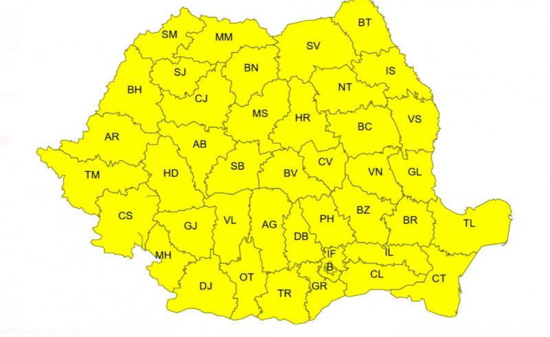 Harta județelor afectate de codul galben de vreme severă Harta județelor afectate de codul galben de vreme severă