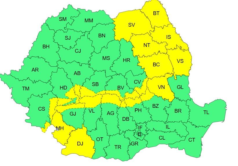 Harta județelor afectate de codul galben de vreme severă