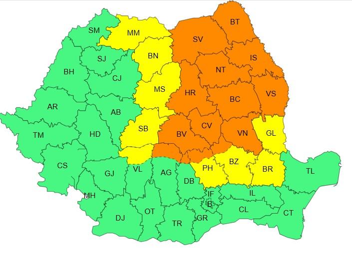Harta județelor afectate de codurile galben și portocaliu de vreme severă