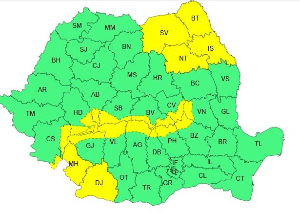 Harta județelor afectate de codul galben de vânt