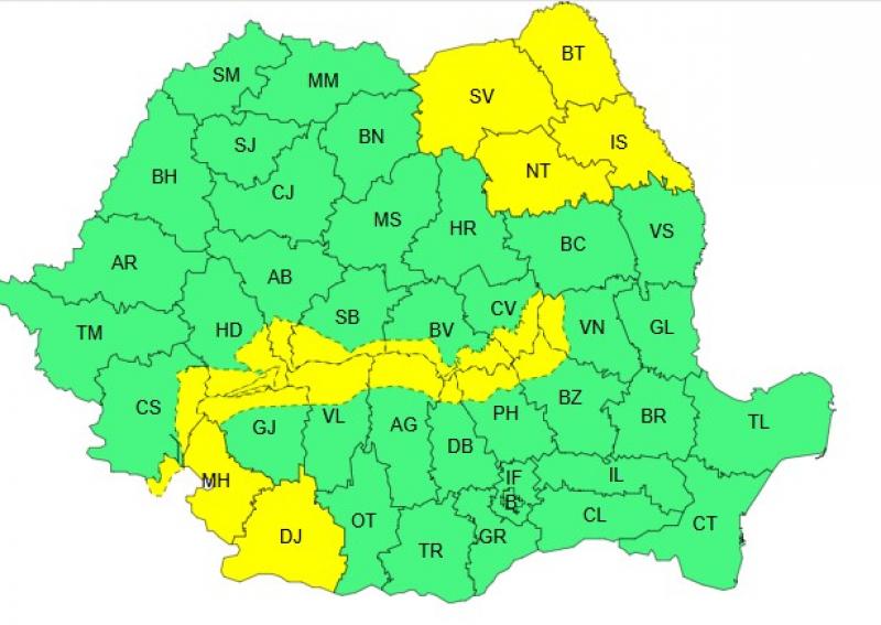 Harta județelor afectate de codul galben de vânt