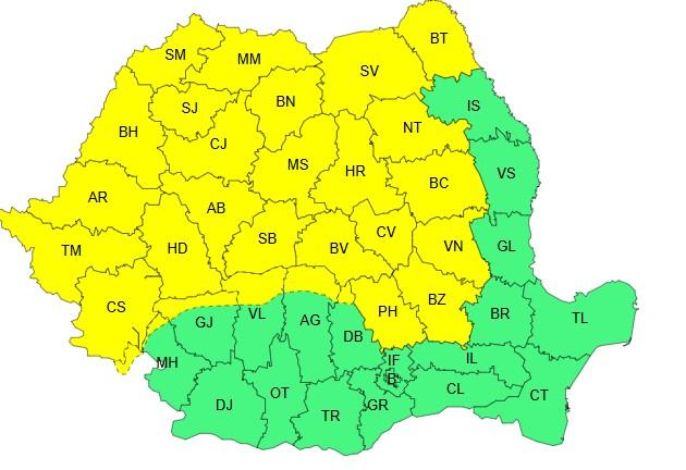 Harta județelor afectate de codul galben de instabilitate atmosferică temporar accentuată
