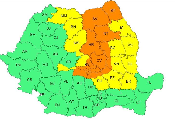 Harta județelor afectate de codurile galben și portocaliu de vreme severă