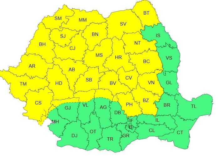 Harta județelor afectate de codul galben de vreme severă