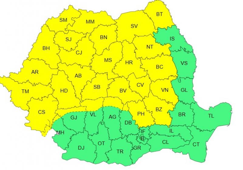 Harta județelor afectate de codul galben de vreme severă Harta județelor afectate de codul galben de vreme severă