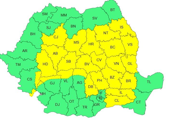 Harta județelor afectate de codul galben de vreme severă