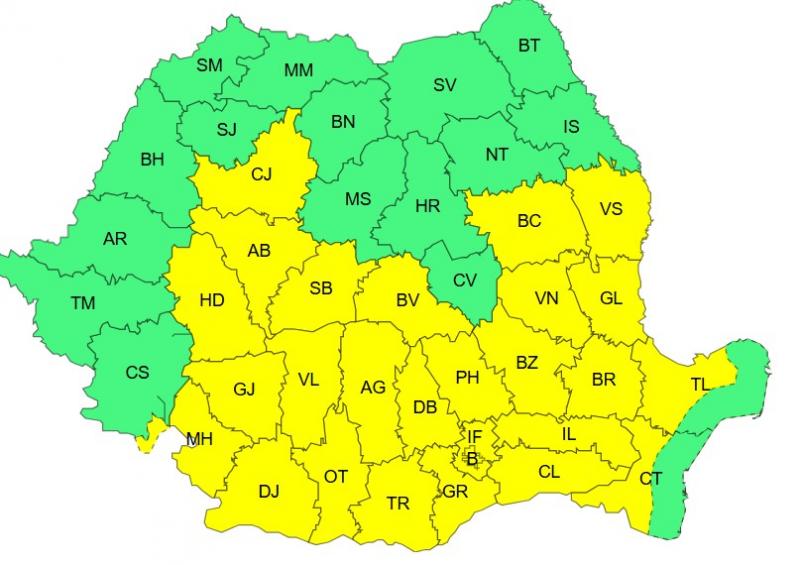 Harta județelor afectate de codul galben de vreme severă Harta județelor afectate de codul galben de vreme severă