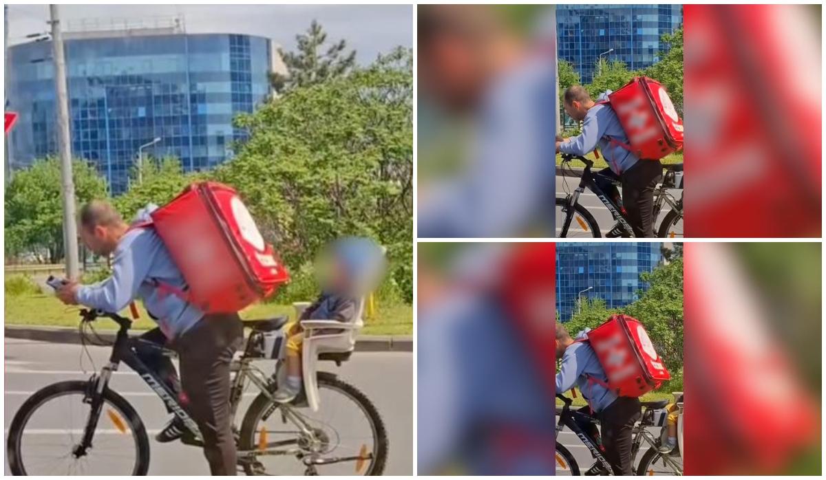 Imagine emoţionantă în Bucureşti: Un livrator surprins cu copilul pe bicicletă, în timp ce îşi ducea comenzile. Micuţul adormise în scaunul său