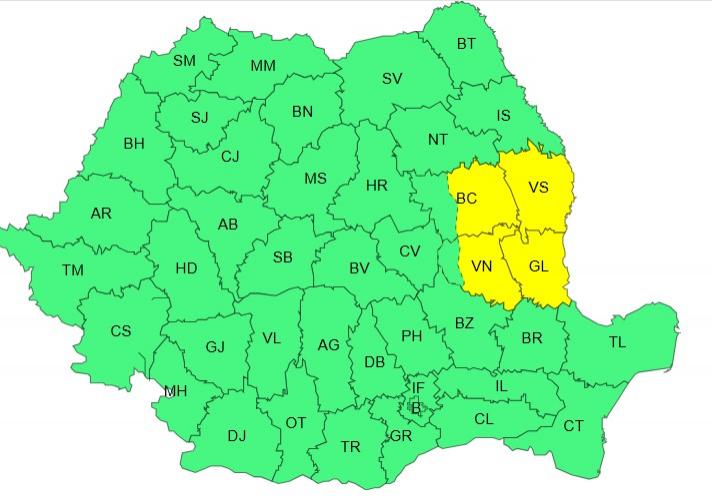 Harta județelor afectate de codul galben de vreme severă
