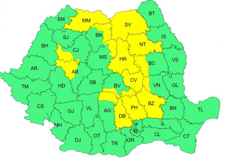 Harta județelor afectate de codul galben de vreme severă Harta județelor afectate de codul galben de vreme severă