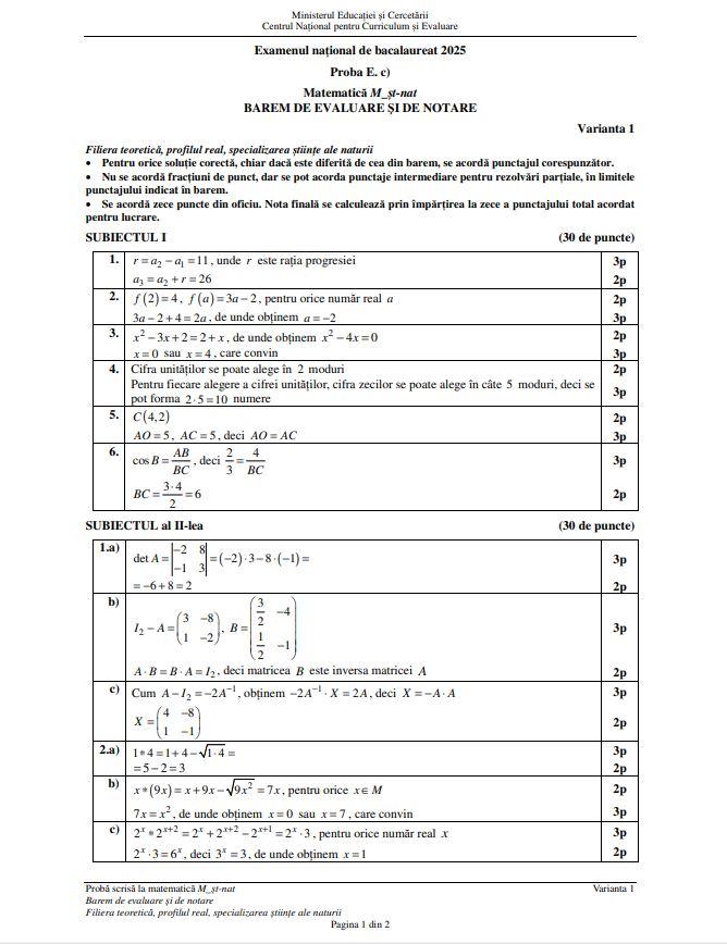 Barem de corectare Bacalaureat 2025 - matematică Ştiinţele naturii