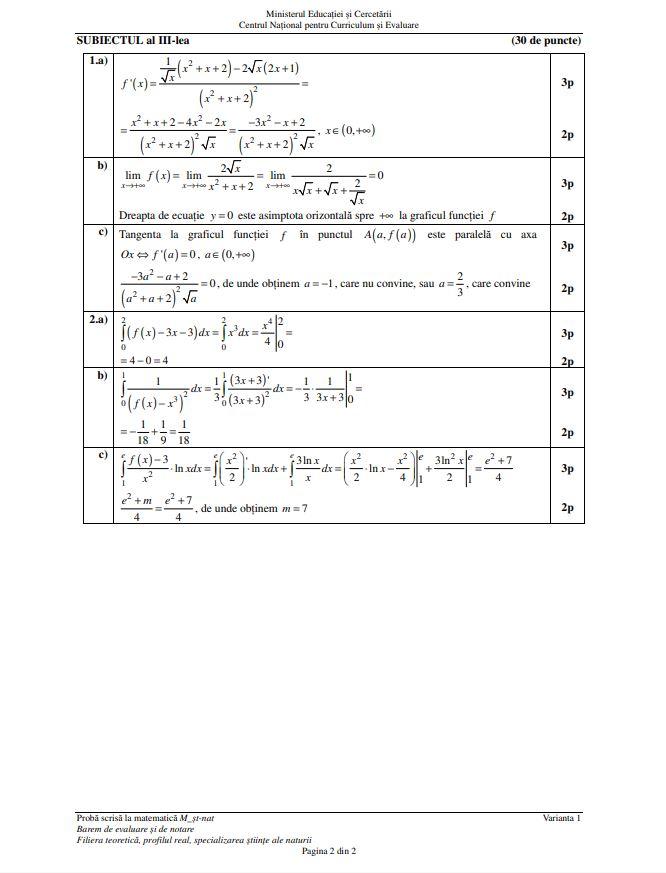 Barem de corectare Bacalaureat 2025 - matematică Ştiinţele naturii