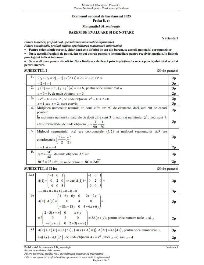 Barem de corectare Bacalaureat 2025 - matematică M1