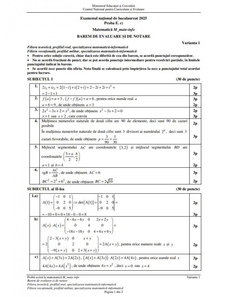 Barem de corectare Bacalaureat 2025 - matematică M1