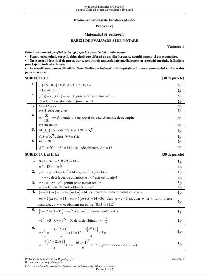 Barem de corectare Bacalaureat 2025 - matematică Pedagogic