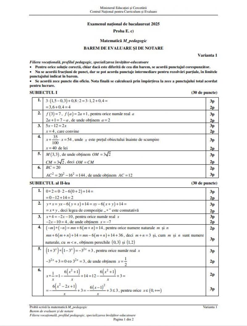 Barem de corectare Bacalaureat 2025 - matematică Pedagogic