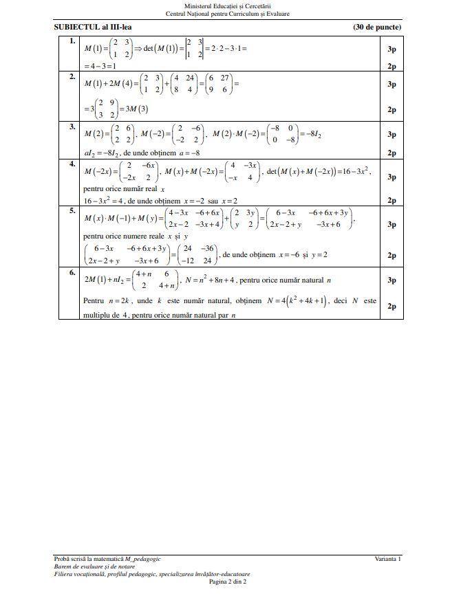 Barem de corectare Bacalaureat 2025 - matematică Pedagogic