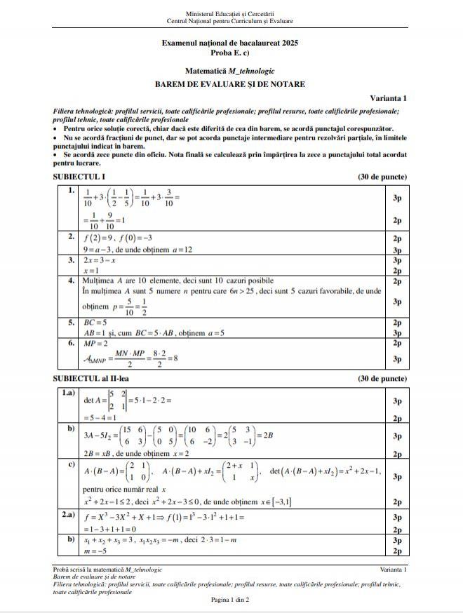 Barem de corectare Bacalaureat 2025 - matematică Tehnologic