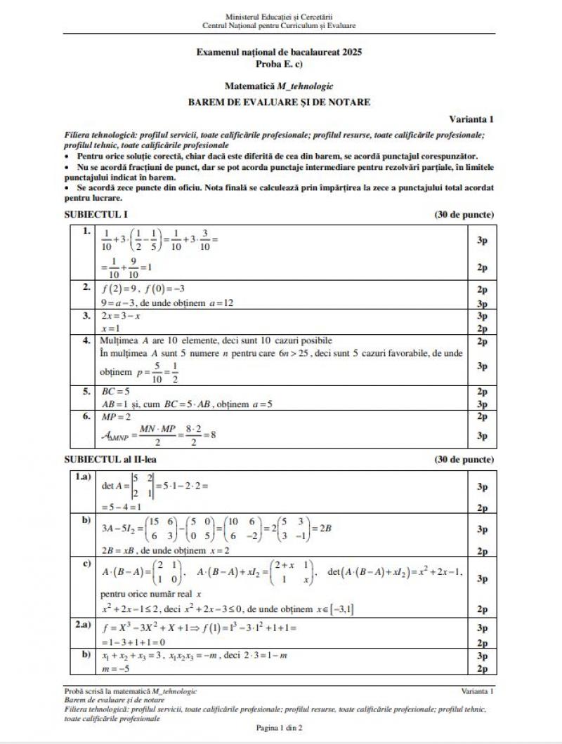 Barem de corectare Bacalaureat 2025 - matematică Tehnologic