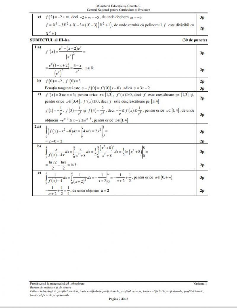 Barem de corectare Bacalaureat 2025 - matematică Tehnologic
