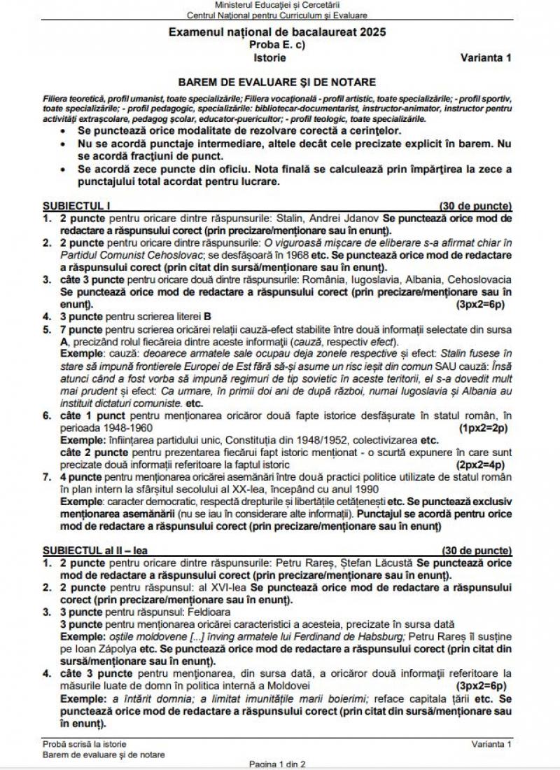 Barem de corectare Bacalaureat 2025 - istorie