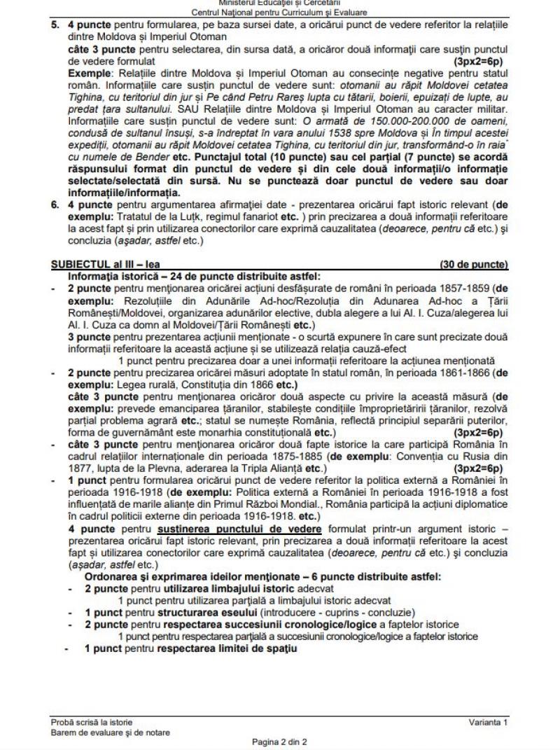 Barem de corectare Bacalaureat 2025 - istorie
