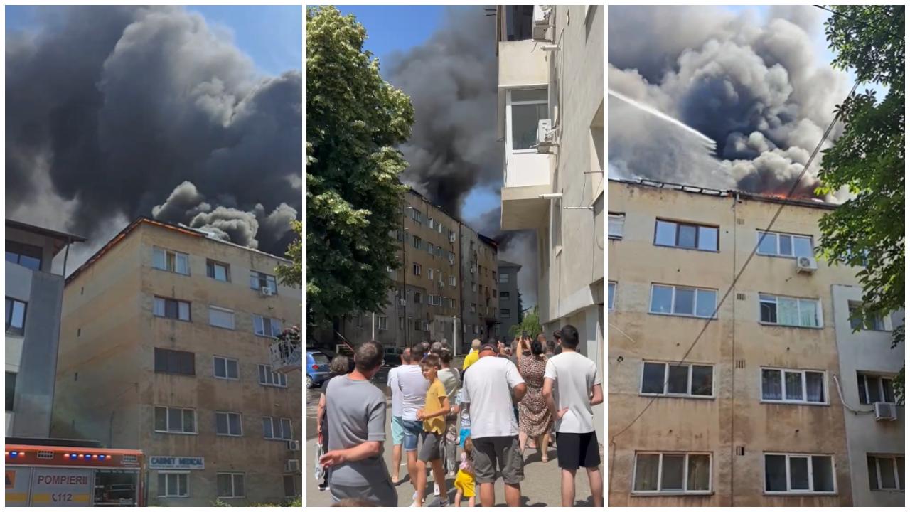 Incendiu puternic în Slatina. Acoperişul unui bloc a fost cuprins de flăcări. Degajări mari de fum