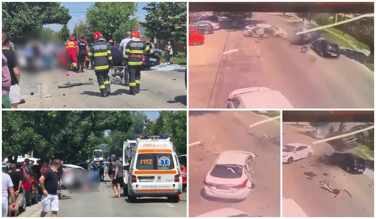 Accident dramatic între trei maşini, surprins de camere pe DN 65 Balş. Un vehicul a zburat pur şi simplu