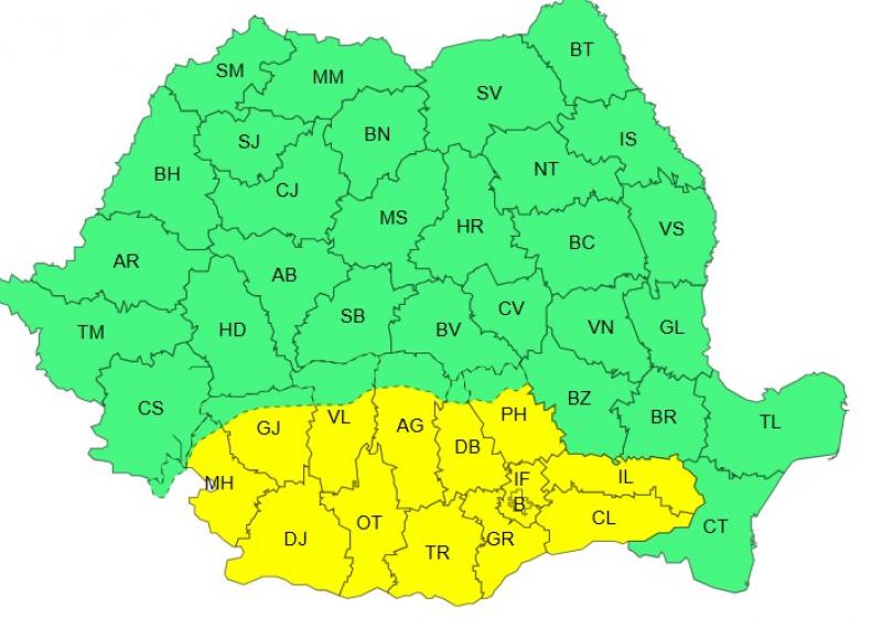 Harta județelor afectate de codul galben de caniculă Harta județelor afectate de codul galben de caniculă