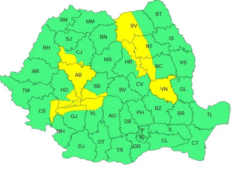 Harta județelor afectate de codul galben de vreme severă Harta județelor afectate de codul galben de vreme severă