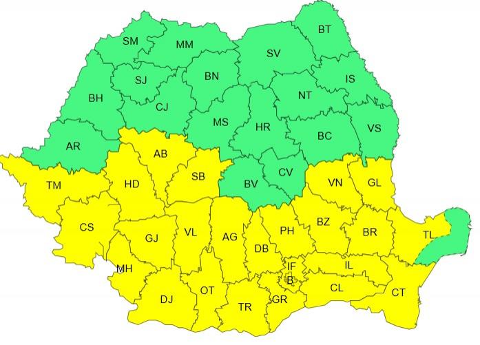 Harta județelor afectate de codurile galben și portocaliu de caniculă