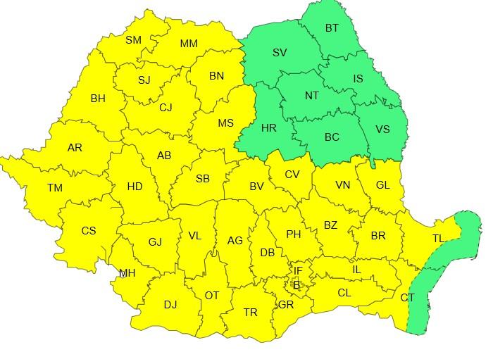 Harta județelor afectate de codurile galben și portocaliu de caniculă