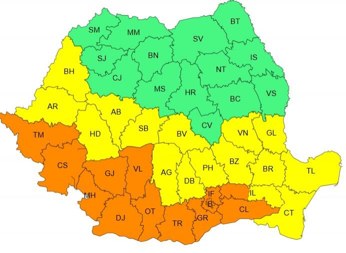 Harta județelor afectate de codul portocaliu de caniculă