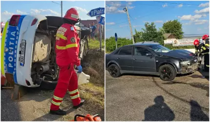 O autospecială a poliției aflată în misiune s-a răsturnat după ce a fost acroșată de un alt autoturism 1 Autospeciala IPJ s-a răsturnat după ce a fost acroşată. Doi bărbaţi au ajuns la spital