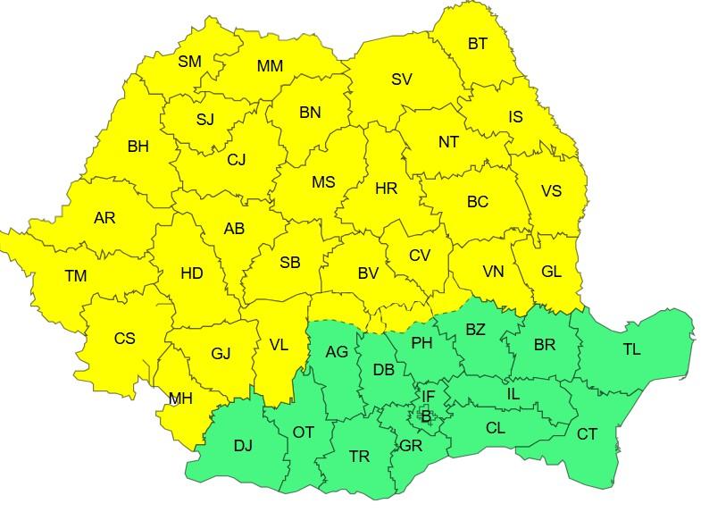 Harta județelor afectate de codul galben de vreme severă