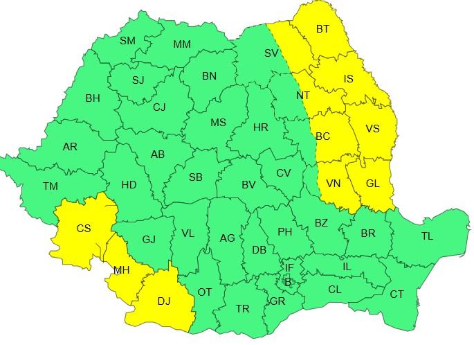 Harta județelor afectate de codul galben de vreme severă