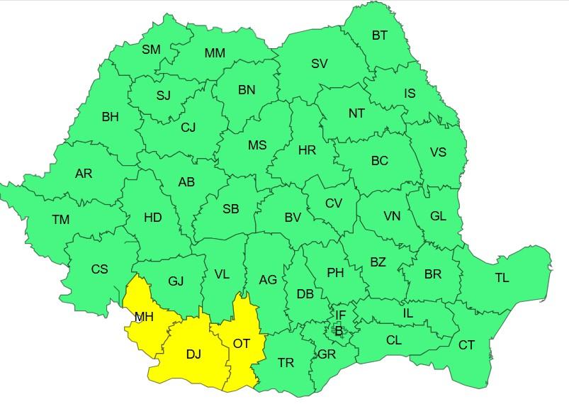 Harta județelor afectate de codul galben de caniculă