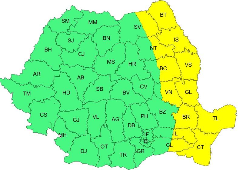 Harta județelor afectate de codul galben de vreme severă