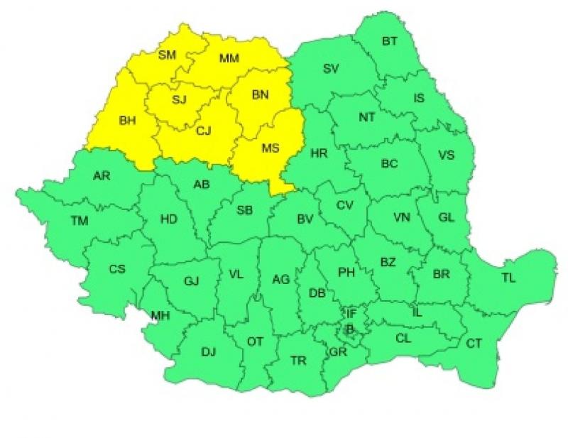 Cod galben de furtuni, ploi torenţiale, dar şi de temperaturi ridicate. Județele afectate