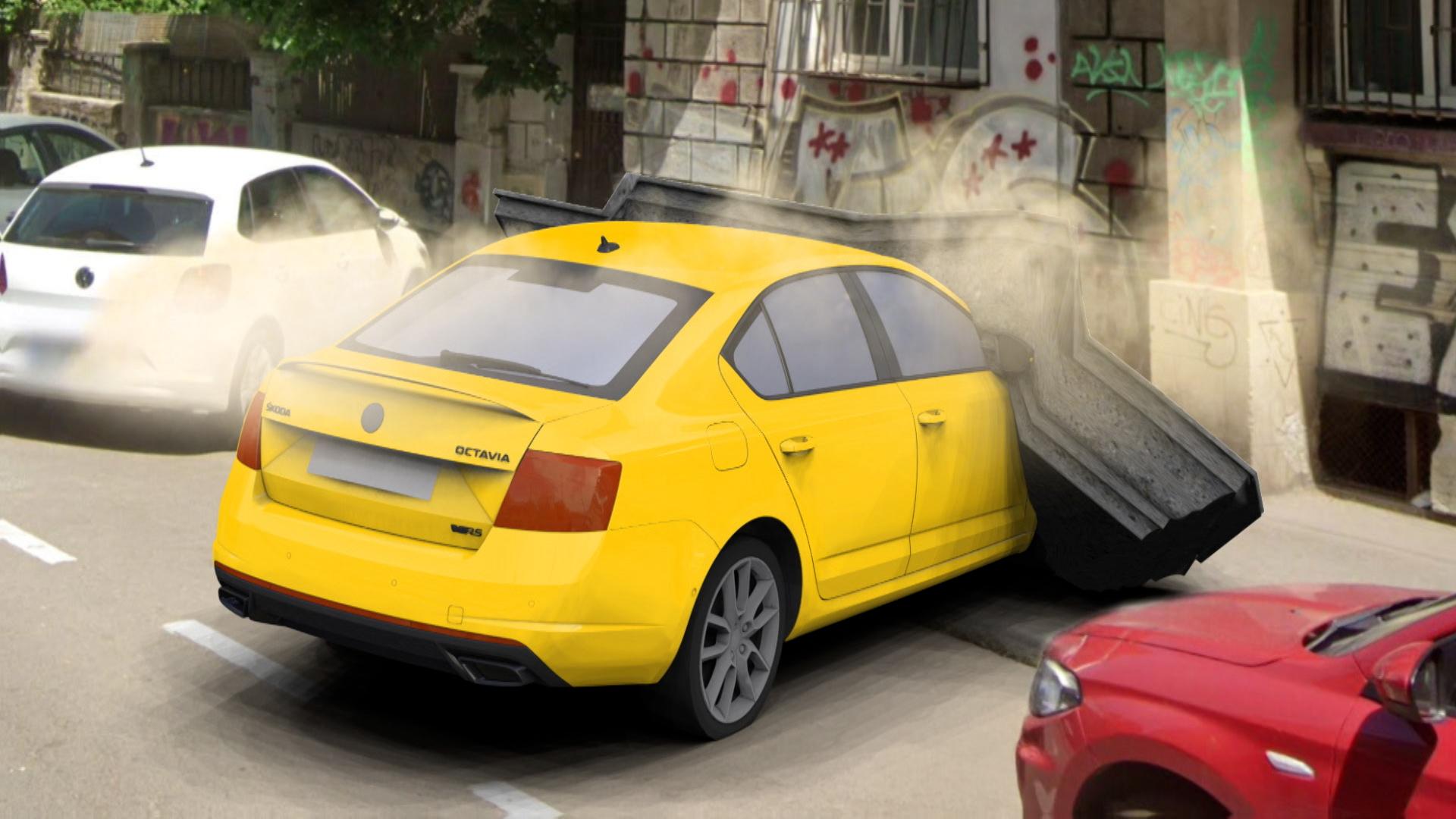 ANIMAŢIE. Maşina unui bucureştean făcută praf, după ce balconul unei clădiri a picat peste ea