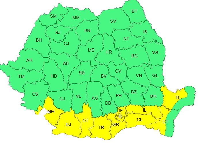 Harta județelor afectate de codul galben de caniculă