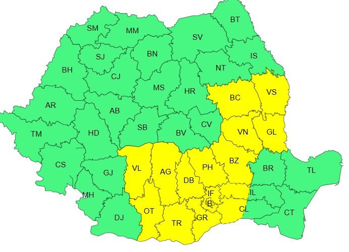 Harta județelor afectate de codul galben de vreme severă