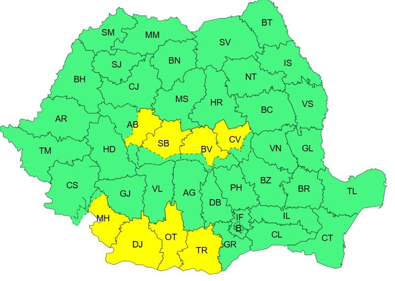 Harta județelor afectate de codul galben de vreme severă