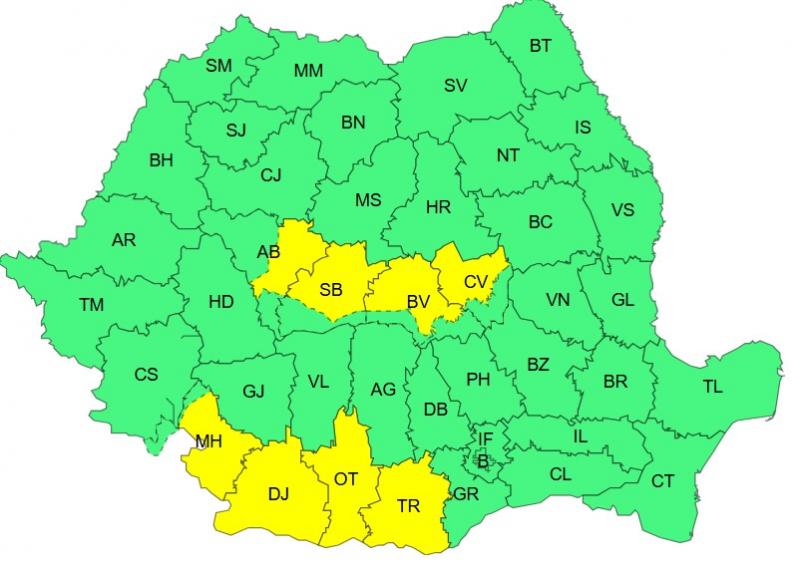 Harta județelor afectate de codul galben de vreme severă