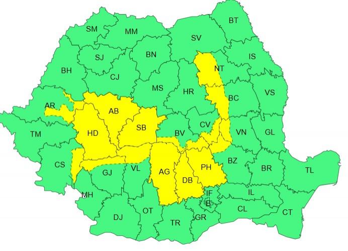 Harta județelor afectate de codul galben de vreme severă