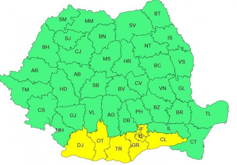 Harta județelor afectate de codul galben de caniculă Harta județelor afectate de codul galben de caniculă